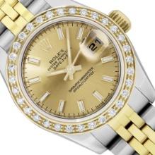 Rolex Ladies 18K Gold And Steel Champagne Index Diamond Bezel Hidden Clasp Datej