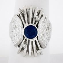 Vintage 14k White Gold Bezel Sapphire w/ Diamond Textured Open Work Domed Ring