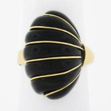 14K Yellow Gold Black Onyx Polished Striped Wire Work Domed Scalloped Shell Ring