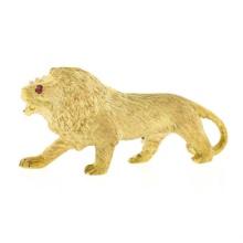 Vintage 18K Yellow Gold Detailed Textured Standing Lion w/ Ruby Eye Brooch Pin