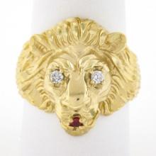 Vintage 14k Yellow Gold Ruby & Diamond Eyes Detailed Textured 3D Lion Head Ring
