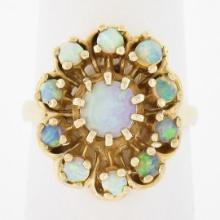 Estate Solid 14K Yellow Gold Round Cabochon Prong Set Opal Cluster Flower Ring