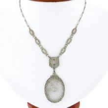 Antique Art Deco 14K Gold Camphor Glass Diamond Filigree Link Pendant Necklace