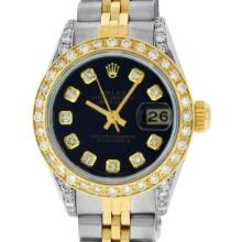 Rolex Ladies Quickset Two Tone 18K Black Diamond Lugs Datejust Wristwatch 26MM