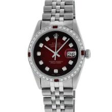 Rolex Mens Stainless Steel Red Vignette Diamond And Ruby 36MM Datejust Wristwatc
