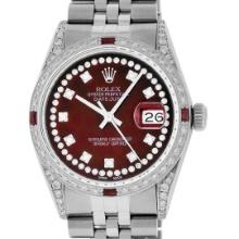 Rolex Mens Stainless Steel Red Diamond Lugs And Ruby 36MM Datejust Wristwatch