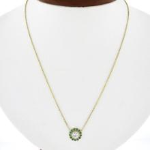NEW 14K Gold Round Diamond & Emerald Halo w/ Milgrain Flower Pendant & Chain