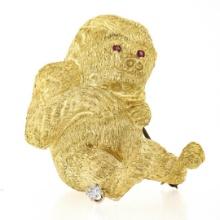 18K Yellow Gold Ruby & Diamond Detailed Textured Baby Gorilla Monkey Brooch Pin