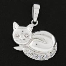 14K White Gold Cat Kitten w/ 0.05 ctw Pave Diamond Tail Collectible Charm Pendan