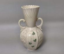 Vintage Belleek Ireland Shamrock Panel Double Handle Porcelain Vase