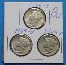Lot of 3 Silver Mercury Dimes 1944-D, 1945-D, 1945-S