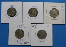 Indian Head 5C Buffalo Nickel Lot - 5 Coins total