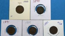 Lot of 5 Indian Head One Cent Pennies - 1881, 1882, 1889, 1890, 1891
