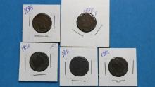 Lot of 5 Indian Head One Cent Pennies - 1888, 1889, 1890, 1891, 1892