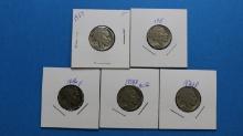Lot of 5 Indian Head Buffalo Nickels - Various Years