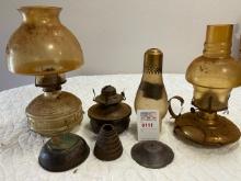 3 oil lamps, globe and misc parts