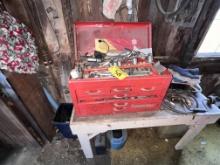 WORK BENCH & CONTENTS: CORNWELL TOOL BOX, SOCKETS, RATCHETS, BLOCK, HAND TOOLS, MISC.