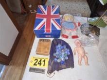 VINTAGE COLLECTIBLE LOT: AMERICAN ACE HARMONICA, MISC. MARBLES, VINTAGE DOLLS, 1935 BOOK