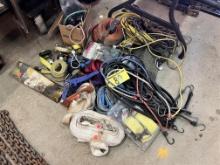 LOT: ASSORTED RATCHET STRAPS, TIE DOWNS, BUNGEES, CABLE LOCK, WIDE LOAD BANNER, TIRE CHOCK