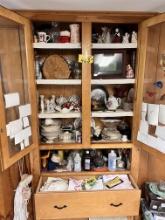 CONTENTS OF CHINA CABINET & 2-DRAWERS, CURIOS, COLLECTIBLE DISHWARE, PLATES, GLASSWARE, LINENS