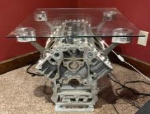 Industrial/Steam Punk Glass Top Engine Block Table