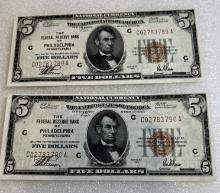 (2) 1929 $5 Federal Reserve Bank of Philadelphia PA Consec No.s Crisp CH BU
