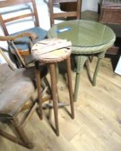 (3) Chairs w/ Wicker Sewing Stand & Round Wicker End Table