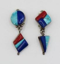 Pair of Veronica Poblano Sterling Silver, Turquoise, Coral & Lapis Earrings
