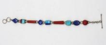 Veronica Poblano Sterling Silver, Turquoise, Coral and Lapis Bracelet