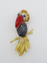 Tiffany 18K Yellow Gold, Diamond, Sapphire and Coral Toucan Brooch