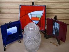Three Art Glass Trays with 9" Decanter