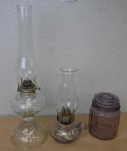 Two Antique Oil Lamps with 7" Purple Glass Canister with Lid